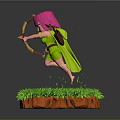Game Movie Character With Pink Hair Green Cape Holding Bow Arrow On Grassy Platform
