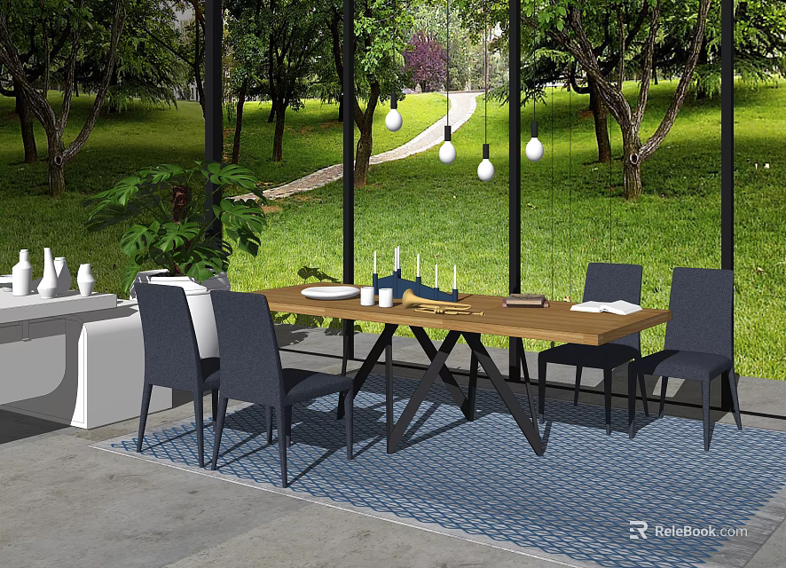 Modern Outdoor Dining Table Set With Wooden Top Dark Chairs Blue Rug And Green Plants 3d model 