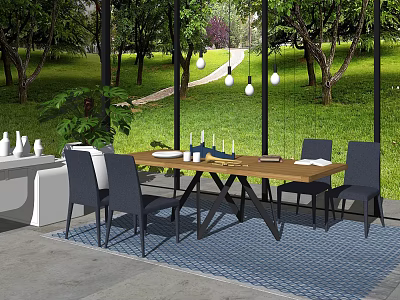 Modern Outdoor Dining Table Set With Wooden Top Dark Chairs Blue Rug And Green Plants 3d model