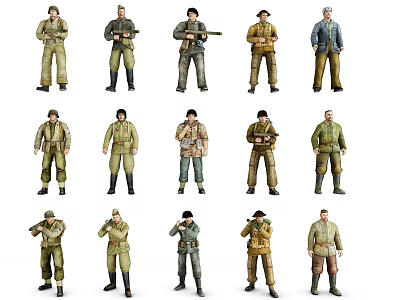 Detailed Multiple Game and Movie Military Characters in Various Uniforms and Poses 3d model