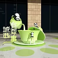 Outdoor Panda Themed Building With Large Billboards Sculptures And Bamboo