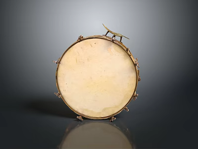 Vintage Circular Musical Drum With Light Colored Head And Metal Decorations 3d model