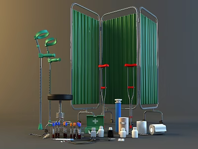 Essential Medical Devices Including Green Folding Screen Crutches First Aid Kit Medicine Bottles Bandage Rolls 3d model