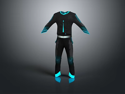 Sleek Futuristic Black Jumpsuit With Neon Blue Cuff Waist And Ankle Accent Details 3d model