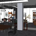 Modern Office Space With Wooden Conference Table Black Chairs Green Plant Wall And Pendant Lights