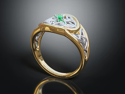 Exquisite Gold Ring With Green Gemstone And Intricate Metal Design 3d model