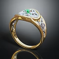 Exquisite Gold Ring With Green Gemstone And Intricate Metal Design
