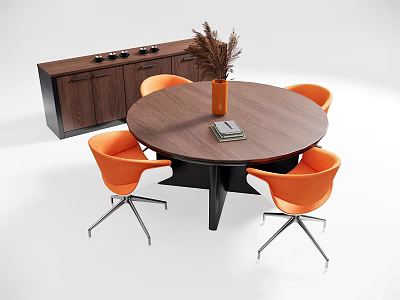Modern Round Wooden Dining Table Set with Orange Chairs and Cabinet Decorated with Dried Plants 3d model