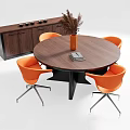 Modern Round Wooden Dining Table Set with Orange Chairs and Cabinet Decorated with Dried Plants