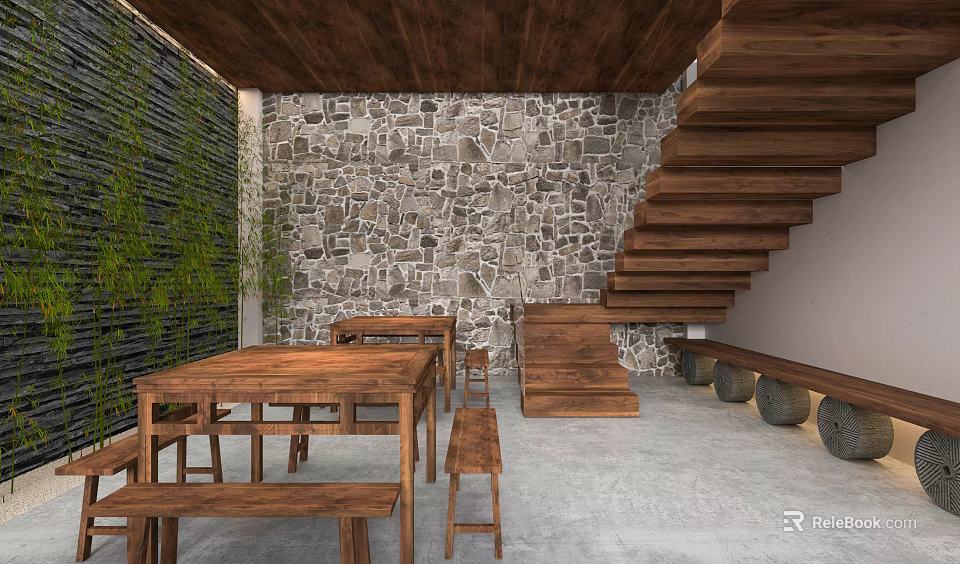 Wooden Ceiling Stone Wall Interior With Staircase Table Benches Green Plant Wall And Gray Floor 3d model 