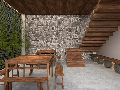 Wooden Ceiling Stone Wall Interior With Staircase Table Benches Green Plant Wall And Gray Floor 3d model