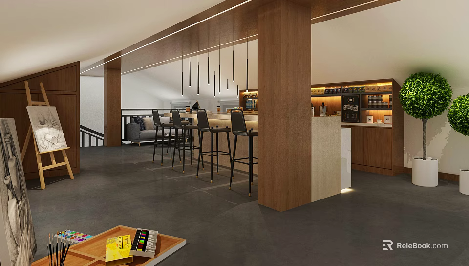 Modern Lounge Area Interior With Wooden Bar Counter High Stools Hanging Lights And Green Plant 3d model 