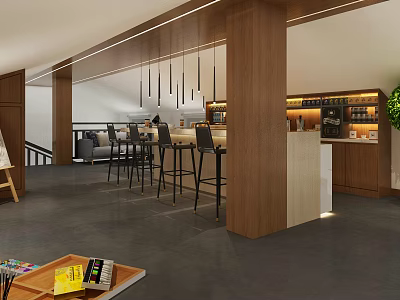 Modern Lounge Area Interior With Wooden Bar Counter High Stools Hanging Lights And Green Plant 3d model