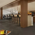 Modern Lounge Area Interior With Wooden Bar Counter High Stools Hanging Lights And Green Plant