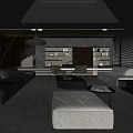 Modern Living Room Interior With Dark Gray Sofa Wooden Staircase And Bookshelves