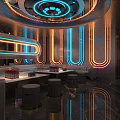 Elegant Modern KTV Interior With Neon Lights Circular Ceiling Tables And Stools 3d model