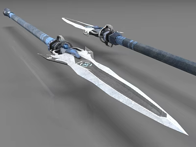 Dual Fantasy Spear Weapons With Sharp Blades Blue Accents And Metallic Components 3d model