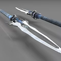 Dual Fantasy Spear Weapons With Sharp Blades Blue Accents And Metallic Components