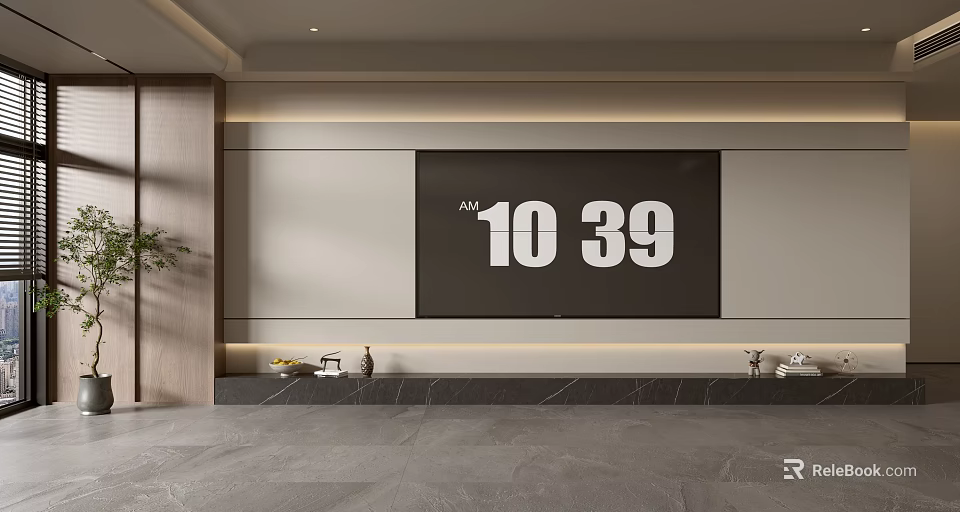 Modern TV Wall Interior Design With Wooden Column Bottom Platform And Decorative Items 3d model 
