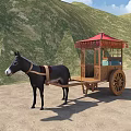 Traditional Donkey Drawn Carriage With Red Canopy Wooden Structure Against Green Hills And Sandy Ground