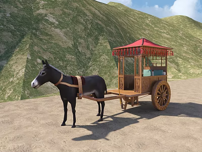 Traditional Donkey Drawn Carriage With Red Canopy Wooden Structure Against Green Hills And Sandy Ground 3d model