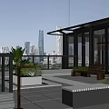 Modern Roof Terrace Garden With Glass Structure Bench Green Plants And City Skyline