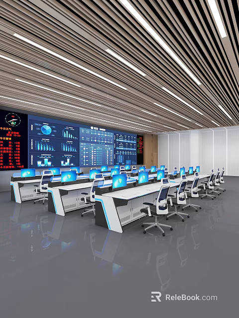 Modern Control Room Interior With Multiple Monitors Workstations And Chairs 3d model 