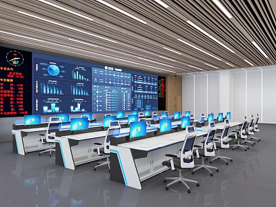 Modern Control Room Interior With Multiple Monitors Workstations And Chairs 3d model