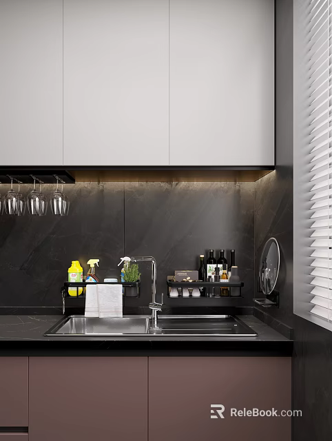 Contemporary Kitchen With Light Gray Cabinets Dark Backsplash Sink And Organized Supplies 3d model 