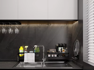 Contemporary Kitchen With Light Gray Cabinets Dark Backsplash Sink And Organized Supplies 3d model