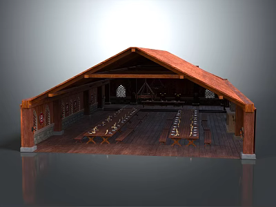 Cartoon Scene Of Wooden Hall Interior With Long Tables Benches And Decorative Elements 3d model