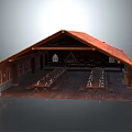 Cartoon Scene Of Wooden Hall Interior With Long Tables Benches And Decorative Elements