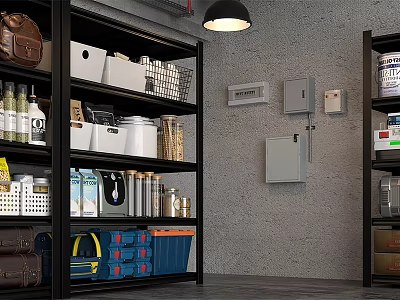 Organized Basement Storage Room With Black Metal Shelves Containers Gray Walls And Ceiling Lamp 3d model