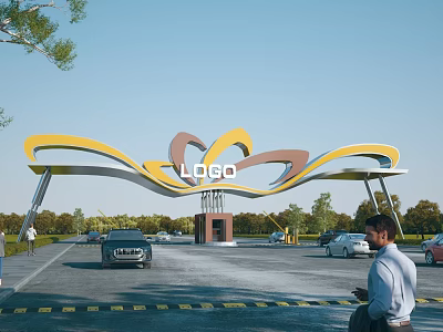 Entrance Gate With Modern Wavy Yellow Brown Curved Structure LOGO Vehicles Trees And Pedestrians 3d model