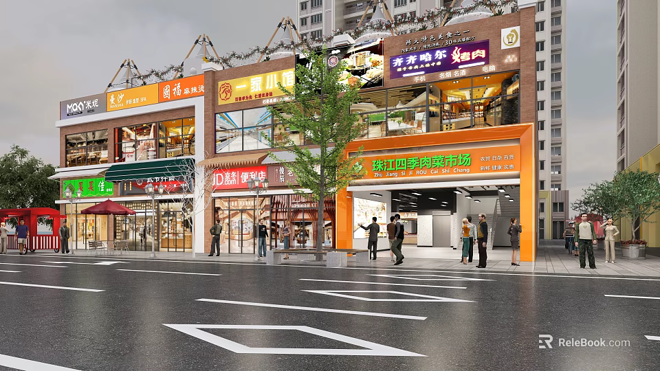Modern Shopping Mall Stores Exterior With Busy Pedestrians Street And Colorful Signboards 3d model 