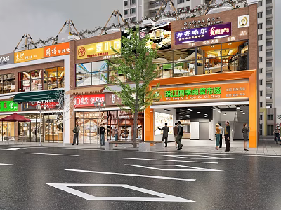 Modern Shopping Mall Stores Exterior With Busy Pedestrians Street And Colorful Signboards 3d model