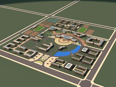 Symmetrical School Campus Layout With Central Courtyard And Multiple Surrounding Buildings 3d model