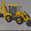 Yellow Backhoe Loader Construction Vehicle With Front Bucket Rear Excavator Arm On Black Background