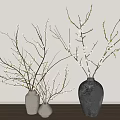 Three Vases with Flower Branches White Blooms Green Buds on Wooden Table Light Wall