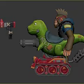 Mohawk Character In Leather Jacket Riding Green Dinosaur Creature On Red Tracked Vehicle With Mechanical Gun