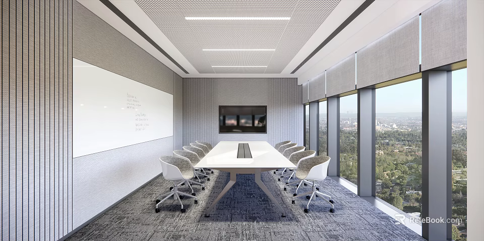 Modern Meeting Room With Long Conference Table White Chairs Whiteboard TV And City View Windows 3d model 
