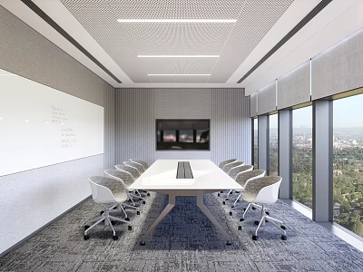 Modern Meeting Room With Long Conference Table White Chairs Whiteboard TV And City View Windows 3d model