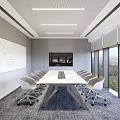 Modern Meeting Room With Long Conference Table White Chairs Whiteboard TV And City View Windows