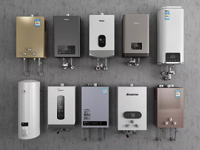 Various Stylish Water Heaters As Daily Electrical Appliances With Different Colors And Modern Designs 3d model