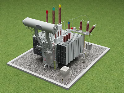 Industrial Power Transformer with Colored Insulator Bushings on Concrete Base in Green Grass 3d model