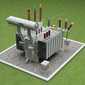 Industrial Power Transformer with Colored Insulator Bushings on Concrete Base in Green Grass