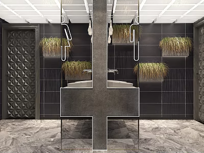 Modern Public Restroom With Black Tile Walls Mirrors And Plant Pots 3d model