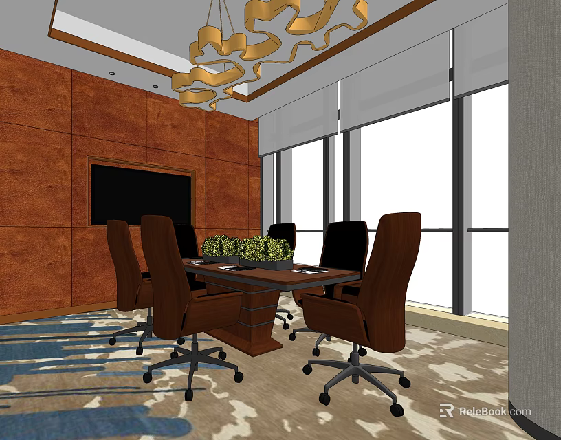 Meeting Room With Wooden Walls Large Windows Conference Table Black Chairs Chandelier And Green Plants 3d model 