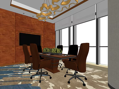 Meeting Room With Wooden Walls Large Windows Conference Table Black Chairs Chandelier And Green Plants 3d model