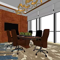 Meeting Room With Wooden Walls Large Windows Conference Table Black Chairs Chandelier And Green Plants